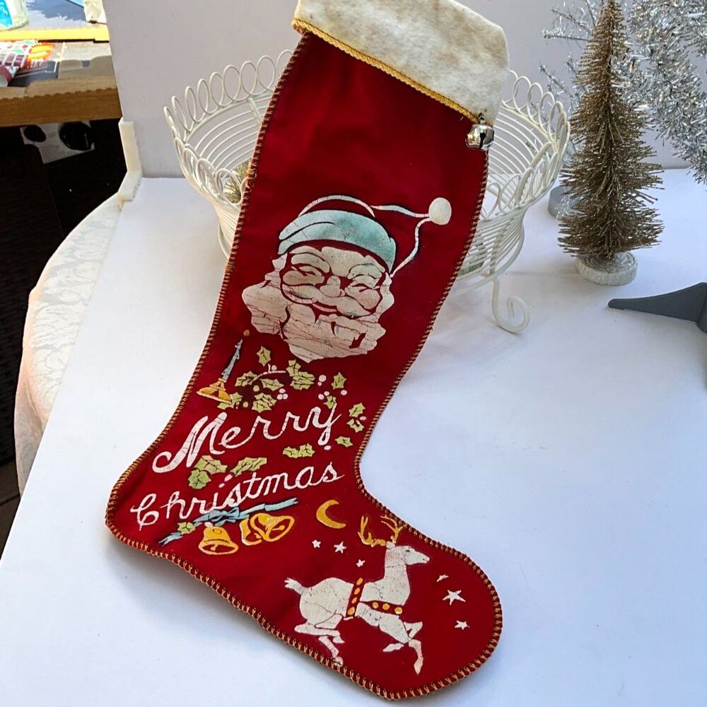 Vintage 1950's felt Christmas stocking Great graphics Santa and Merry Christmas